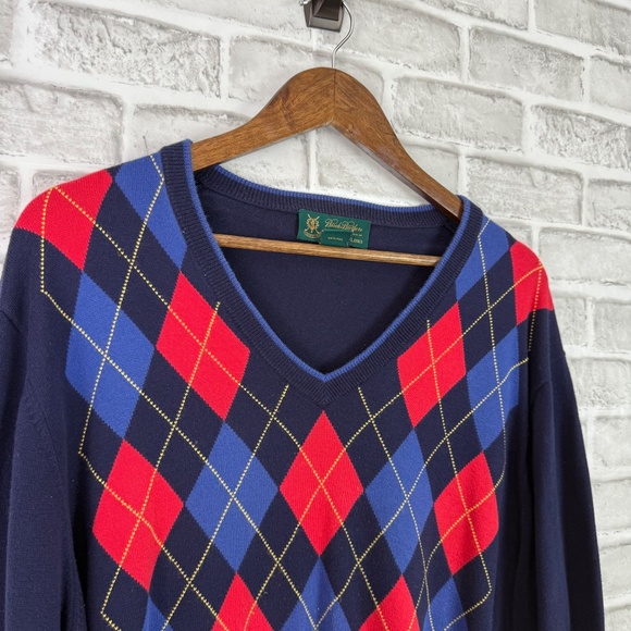 Brooks Brothers St Andrews Links Navy Argyle Supima V-Neck Pullover Sweater XL - Picture 2 of 7